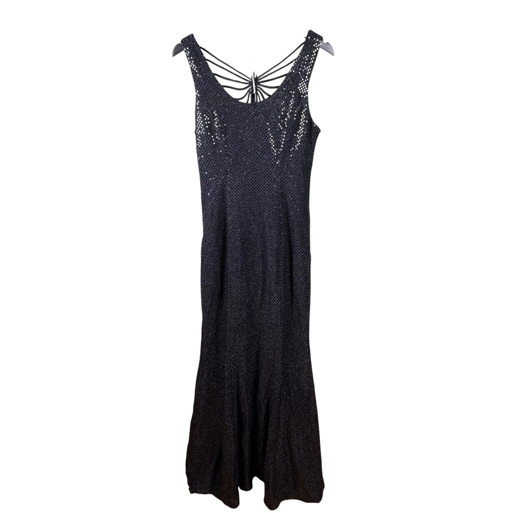 Maurices Vintage Y2K Glam Women Maxi Gown Black Sequin Sparkle Strappy Back 9/10